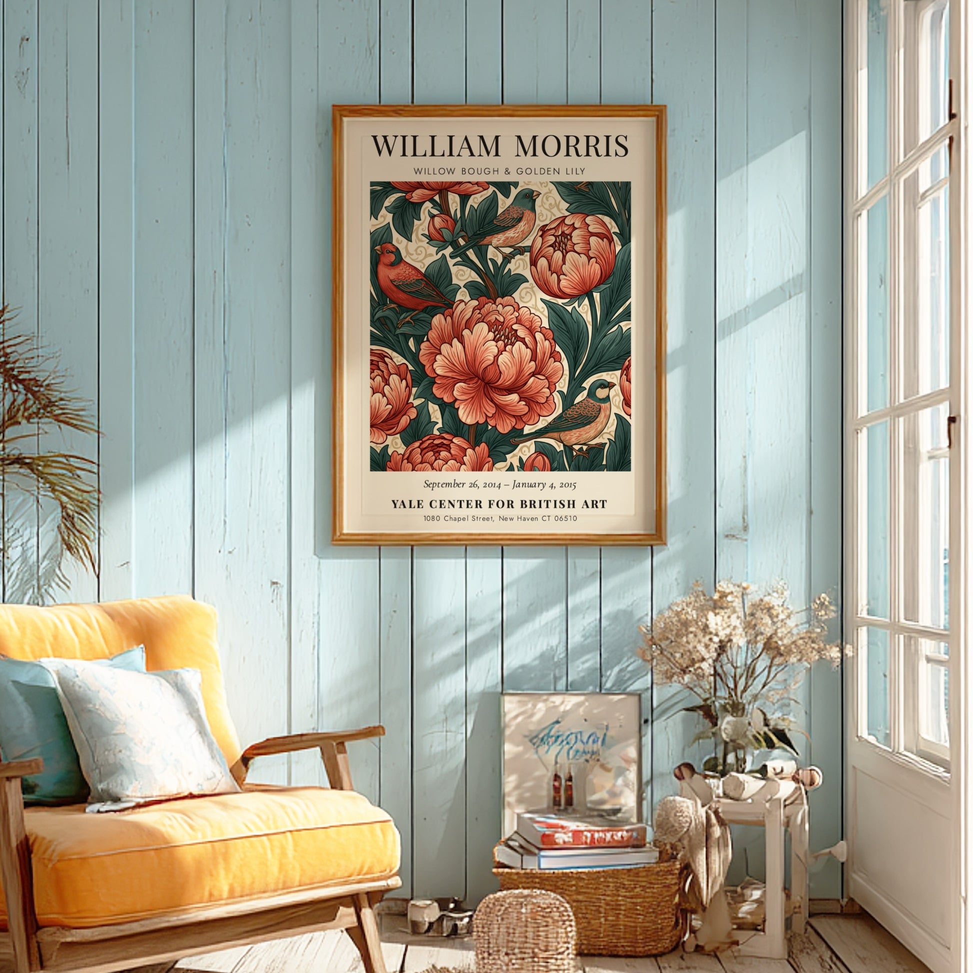 William Morris poster featuring floral motifs in red and green colors, ideal for wall decor