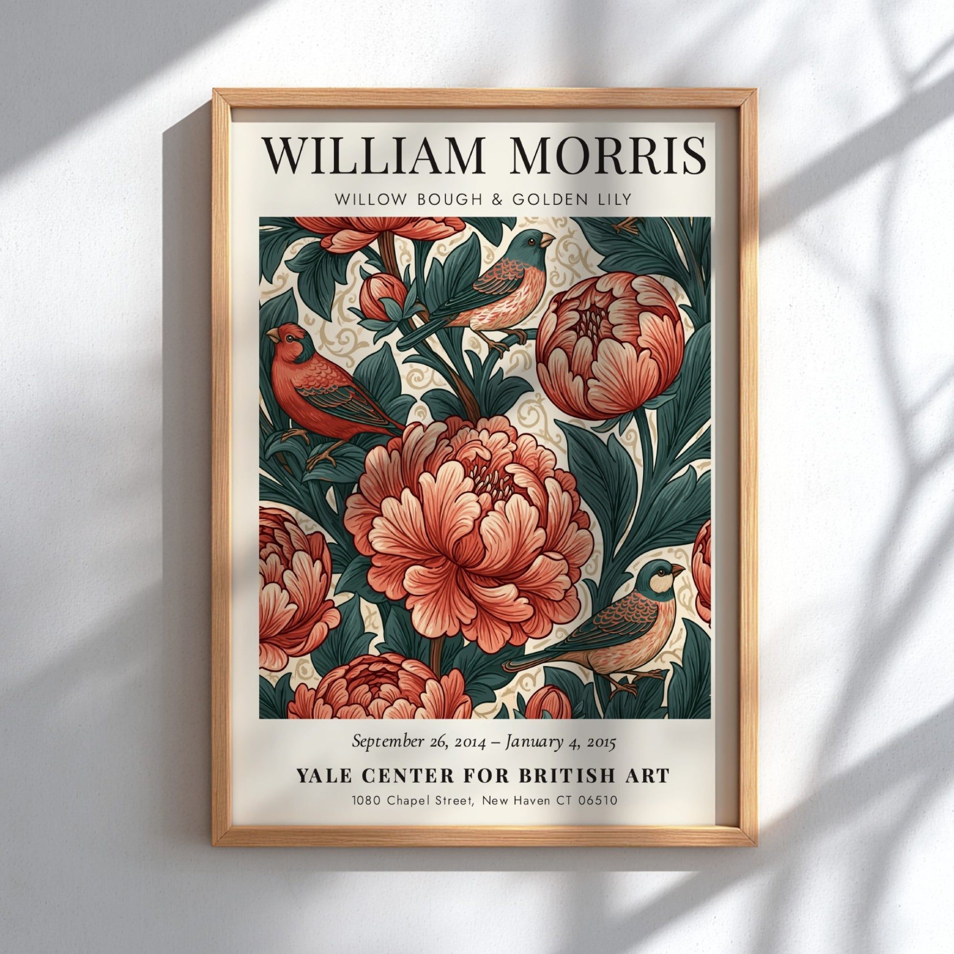 William Morris poster featuring floral motifs in red and green colors, ideal for wall decor