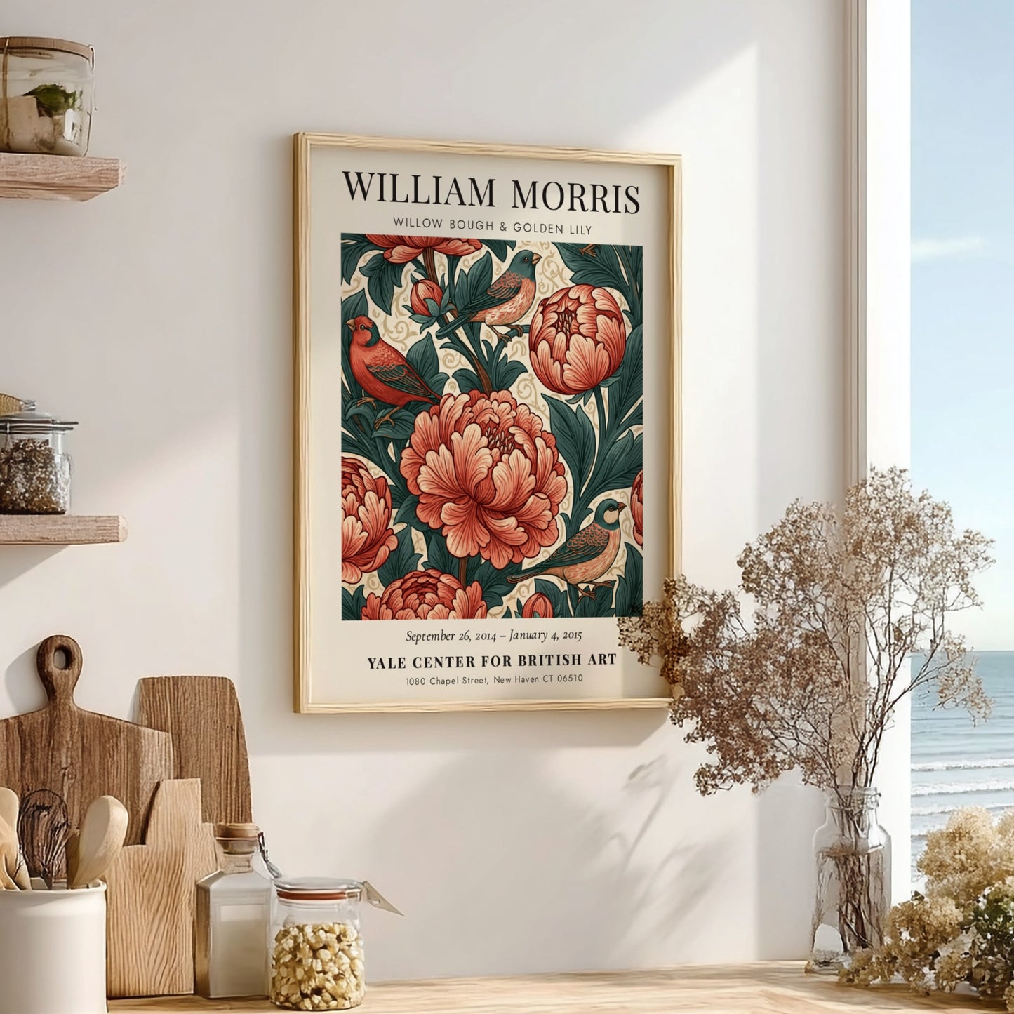 William Morris poster featuring floral motifs in red and green colors, ideal for wall decor