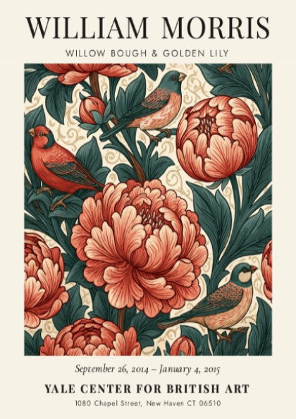 William Morris poster featuring floral motifs in red and green colors, ideal for wall decor