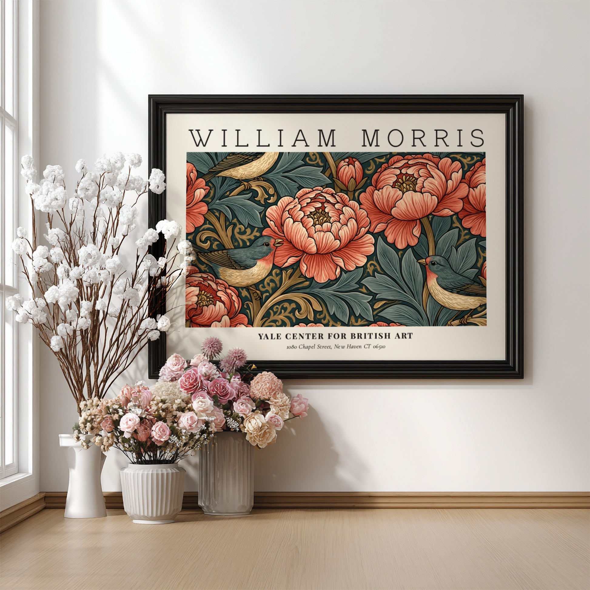 Willow Bough & Golden Lily wall art print featuring vibrant peonies and birds in warm colors, by William