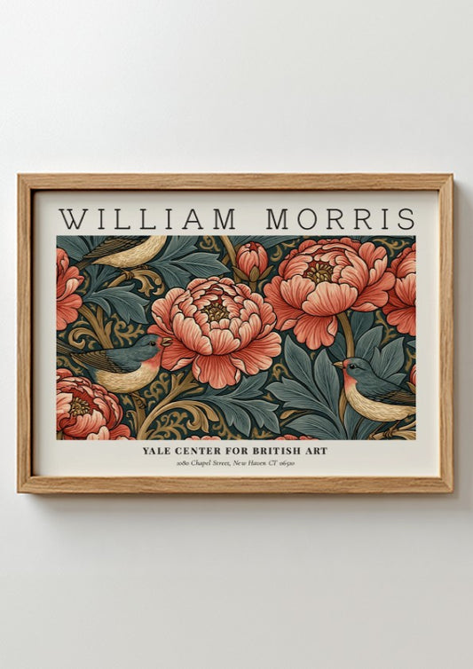Willow Bough & Golden Lily wall art print featuring vibrant peonies and birds in warm colors, by William