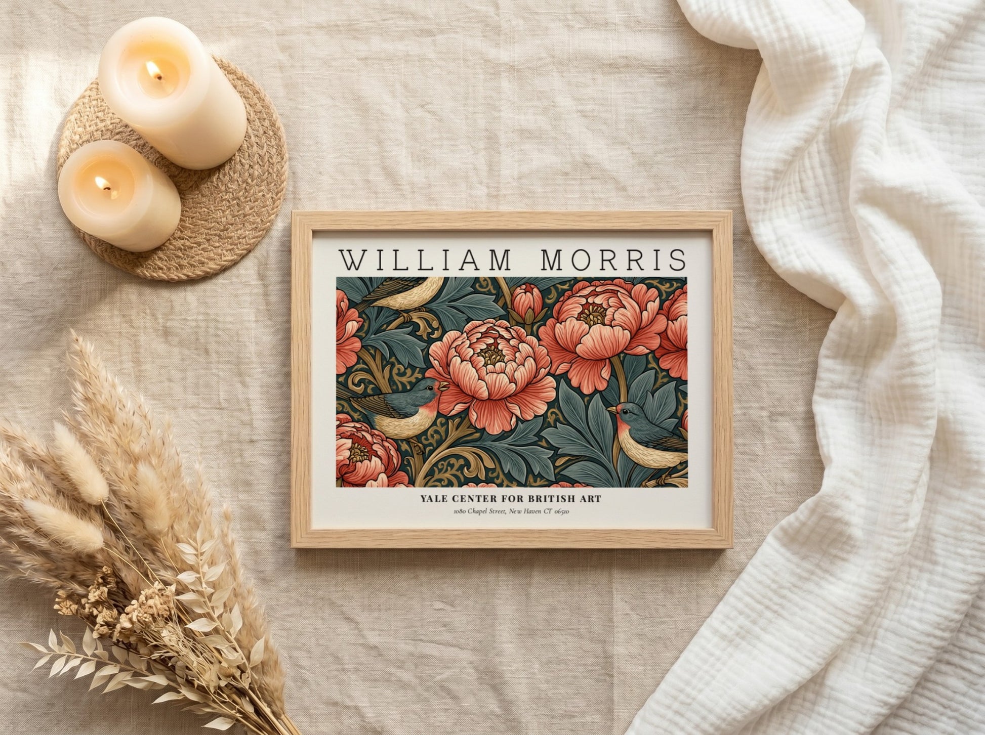 Willow Bough & Golden Lily wall art print featuring vibrant peonies and birds in warm colors, by William