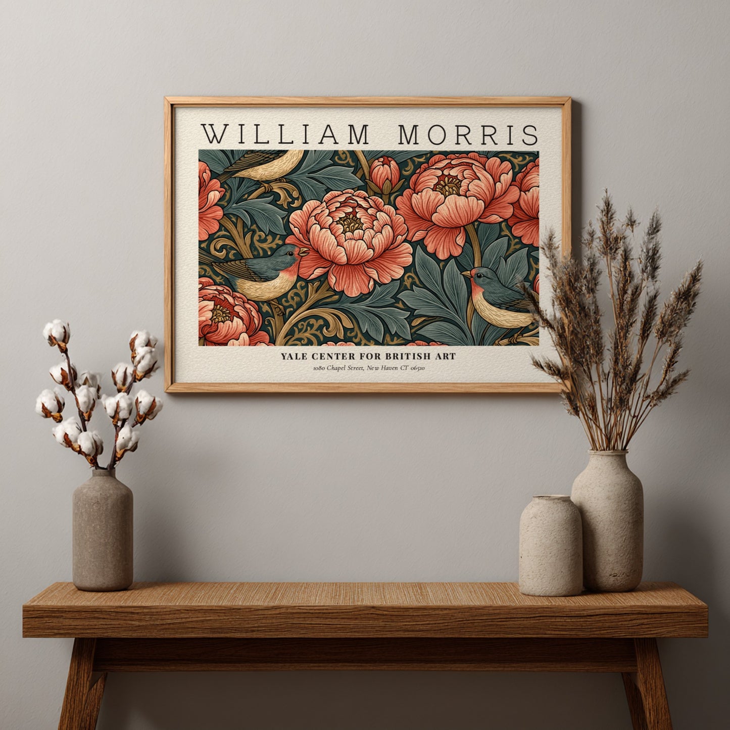 Willow Bough & Golden Lily wall art print featuring vibrant peonies and birds in warm colors, by William