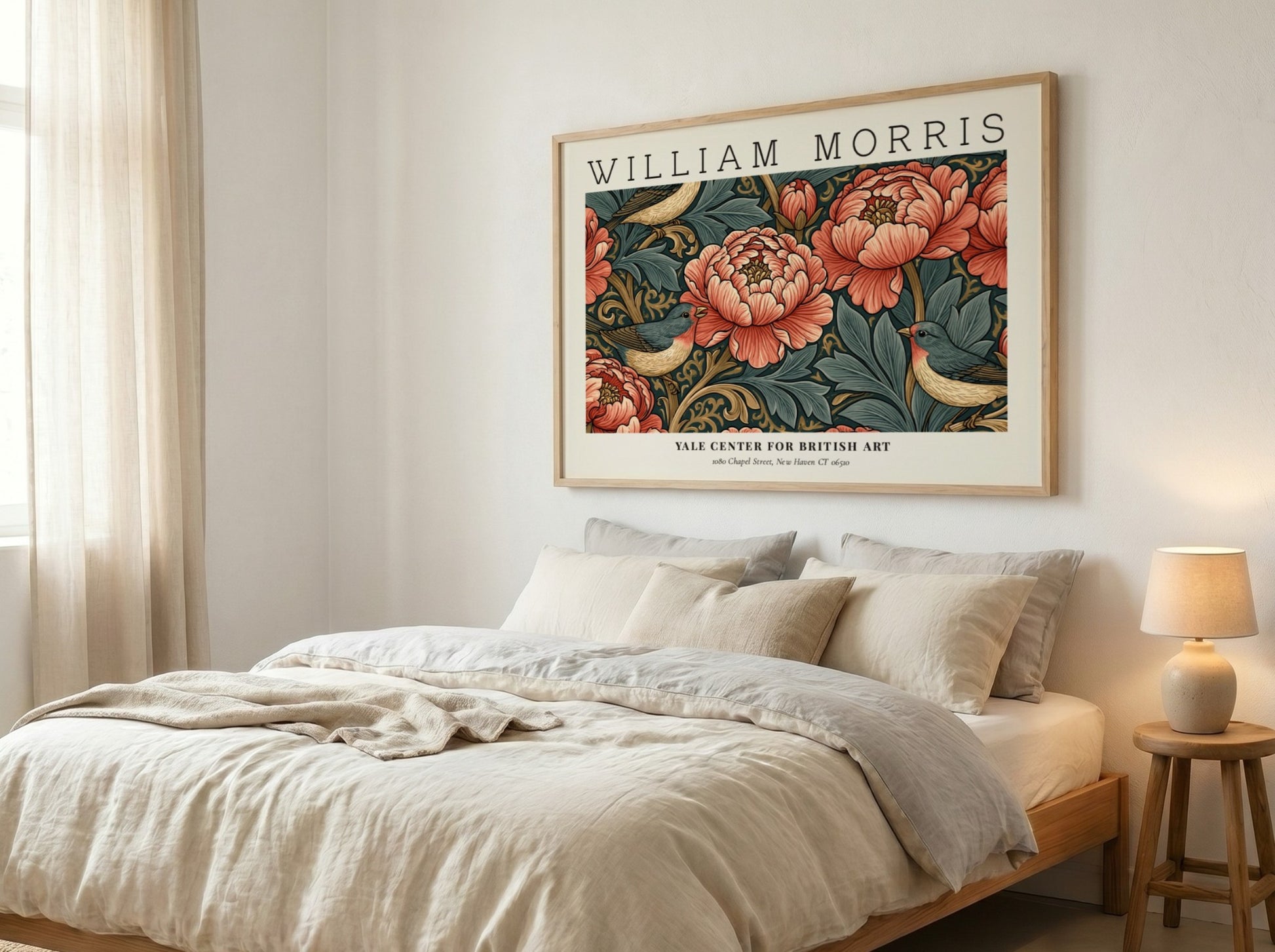 Willow Bough & Golden Lily wall art print featuring vibrant peonies and birds in warm colors, by William