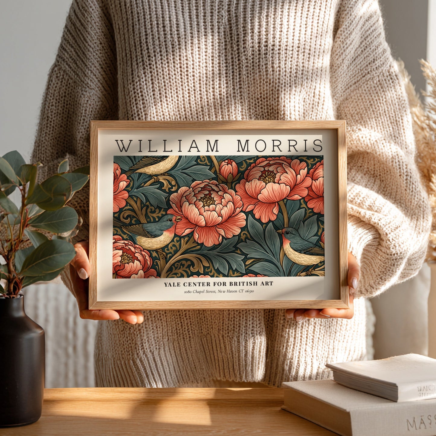 Willow Bough & Golden Lily wall art print featuring vibrant peonies and birds in warm colors, by William