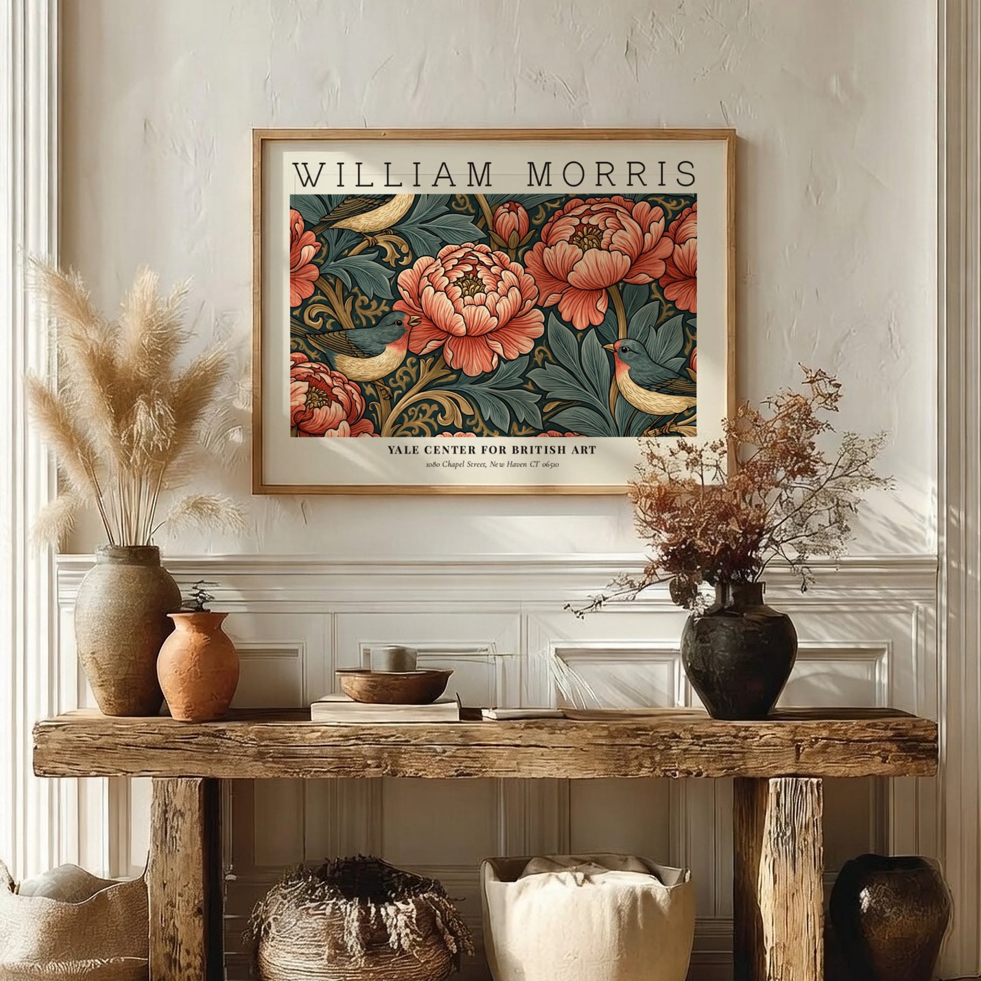 Willow Bough & Golden Lily wall art print featuring vibrant peonies and birds in warm colors, by William