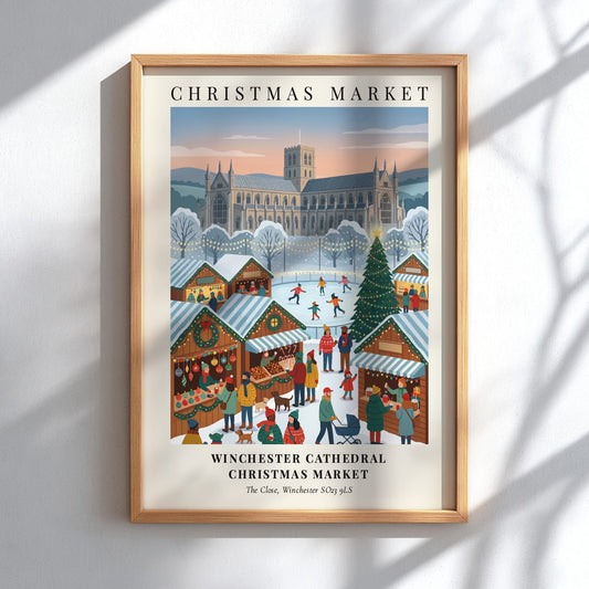 Poster of the Winchester Cathedral Christmas Market featuring wooden stalls, ice skaters, and lights.