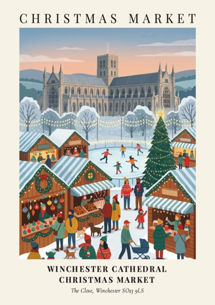 Poster of the Winchester Cathedral Christmas Market featuring wooden stalls, ice skaters, and lights.
