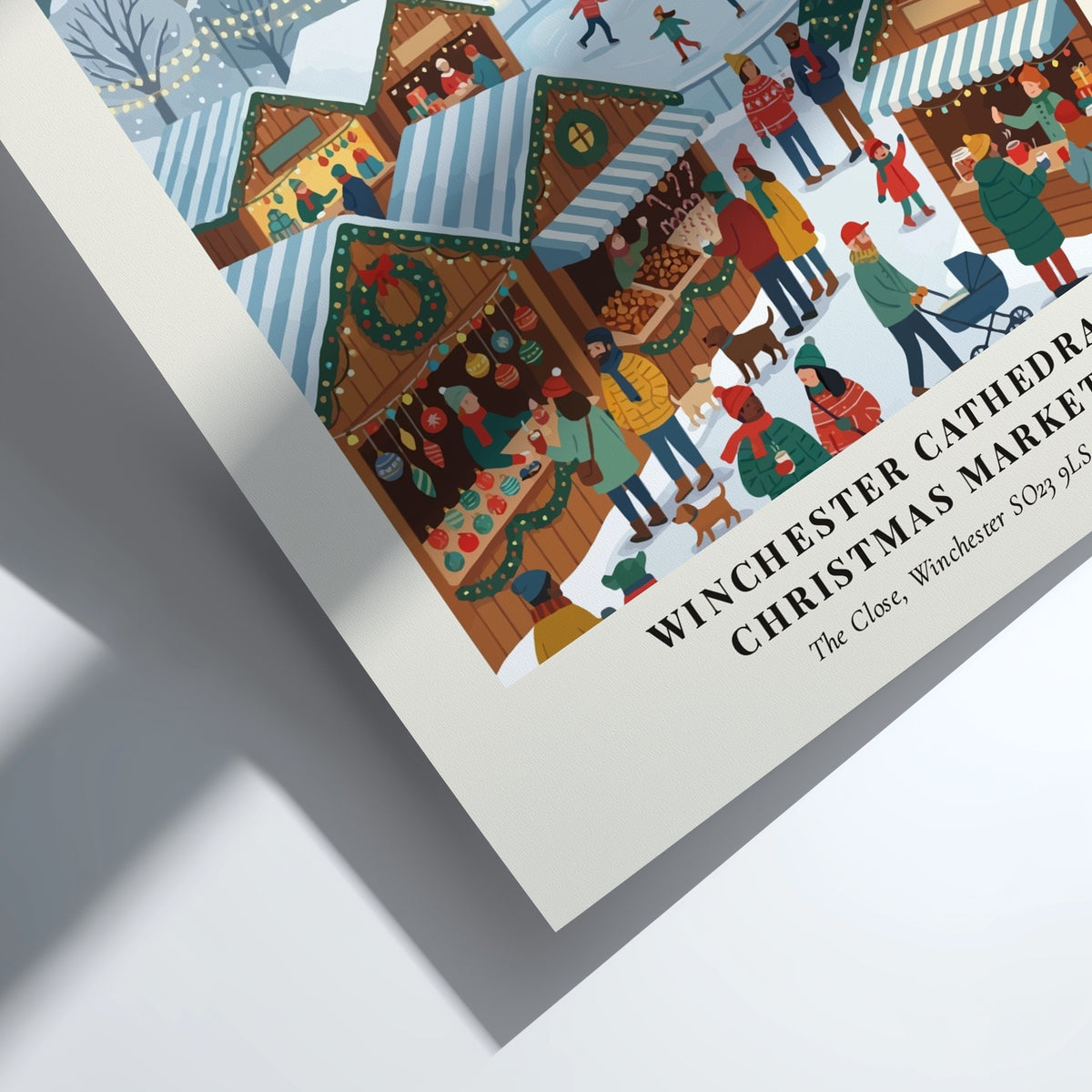 Poster of the Winchester Cathedral Christmas Market featuring wooden stalls, ice skaters, and lights.