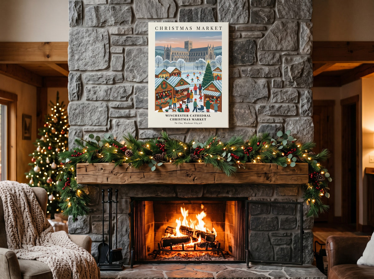 Poster of the Winchester Cathedral Christmas Market featuring wooden stalls, ice skaters, and lights.
