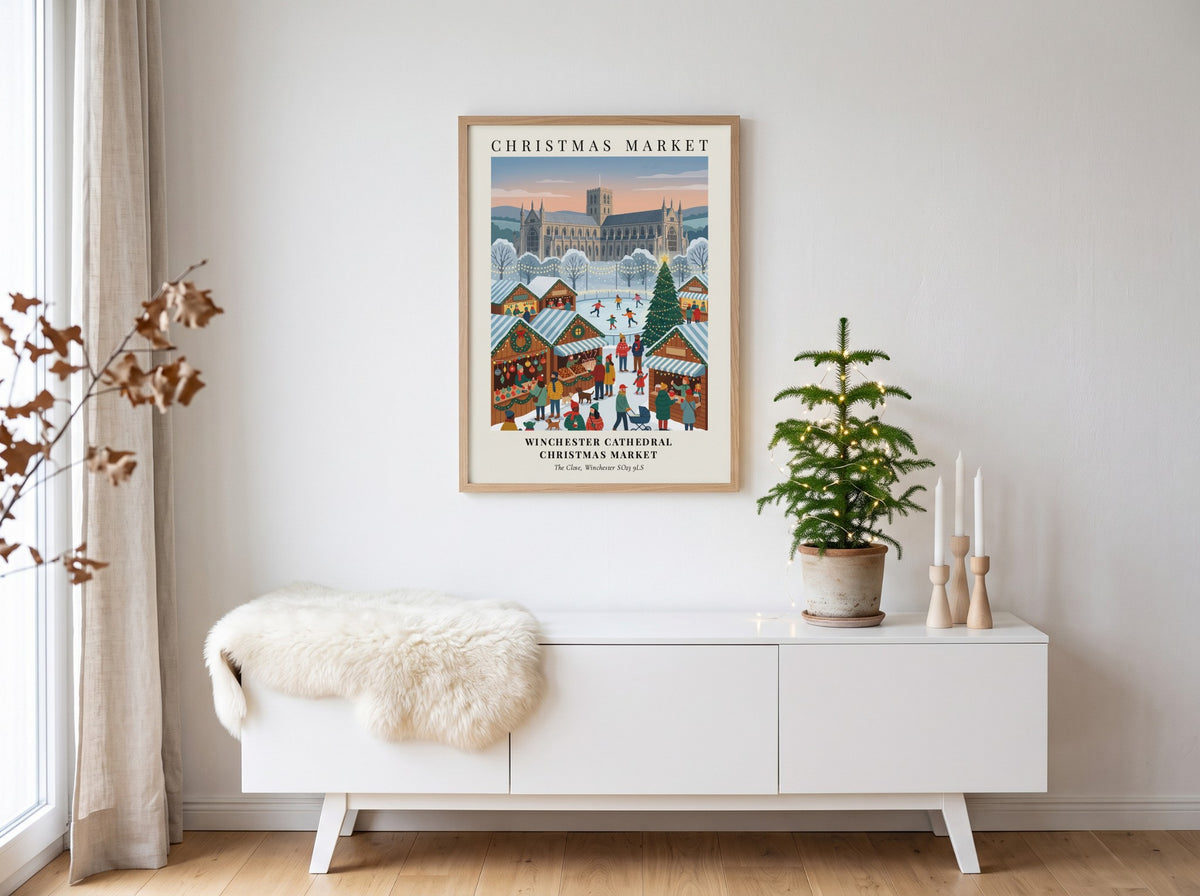 Poster of the Winchester Cathedral Christmas Market featuring wooden stalls, ice skaters, and lights.