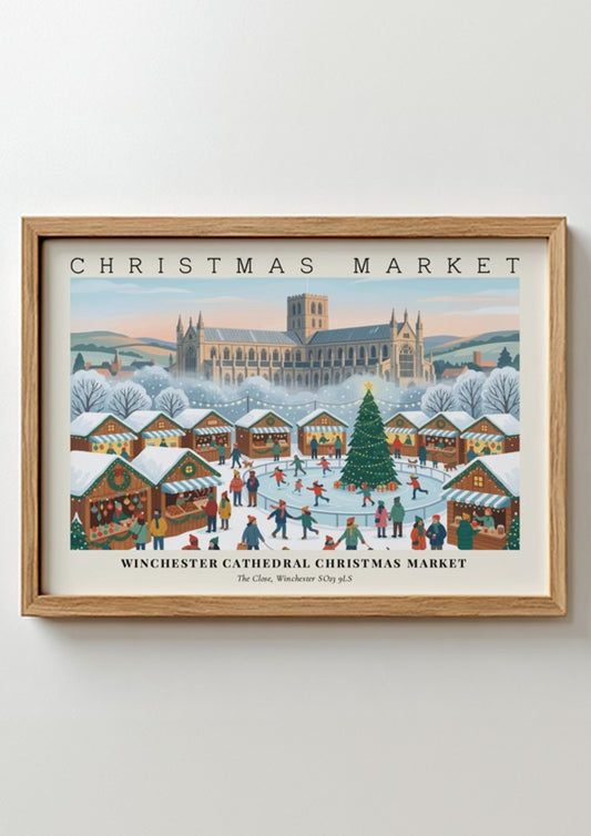 Winchester Cathedral Christmas Market poster featuring a snowy ice rink and festive timber stalls.