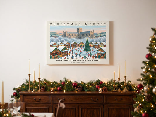 Winchester Cathedral Christmas Market poster featuring a snowy ice rink and festive timber stalls.