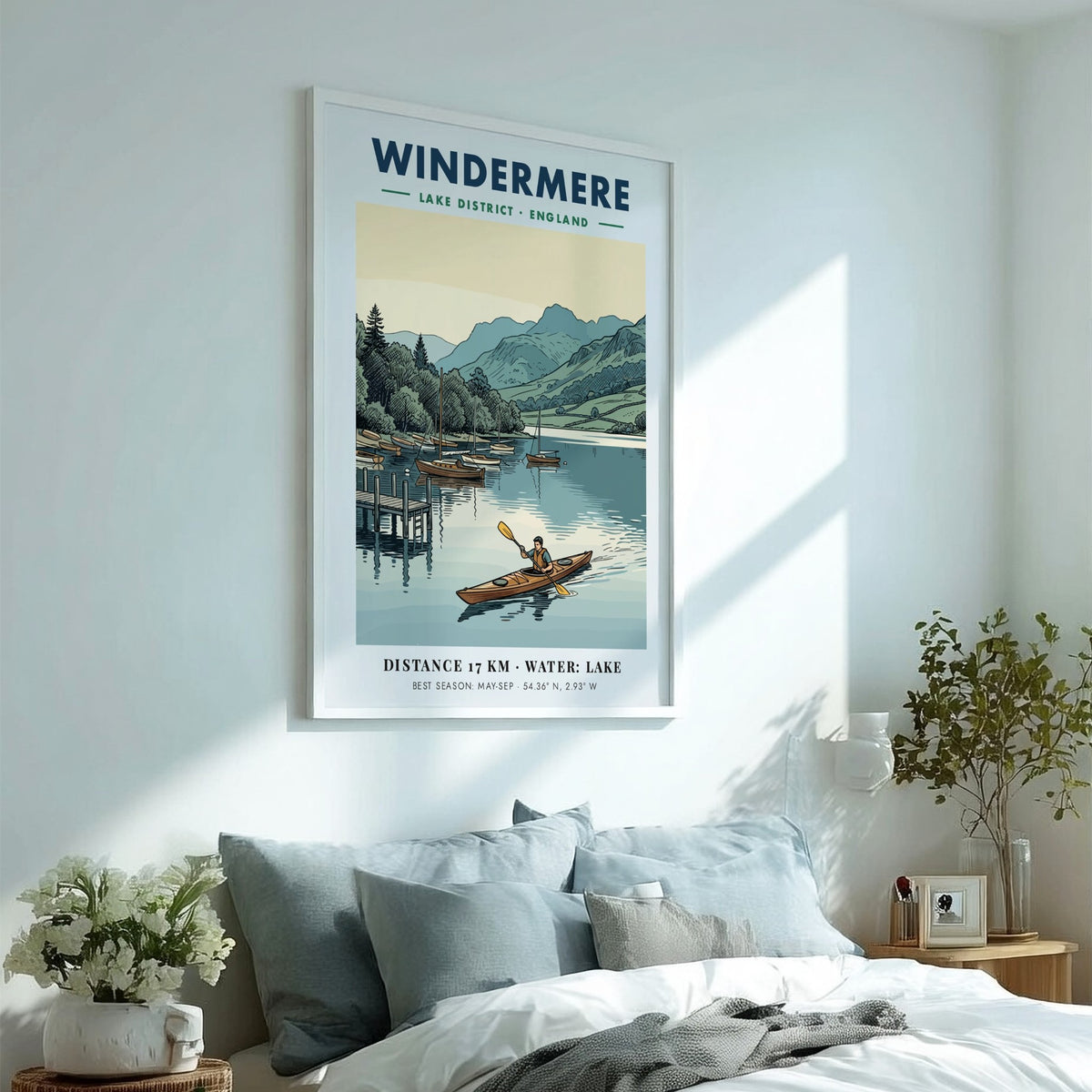 Poster of a kayaker on Windermere lake with sailboats and mountains in the background