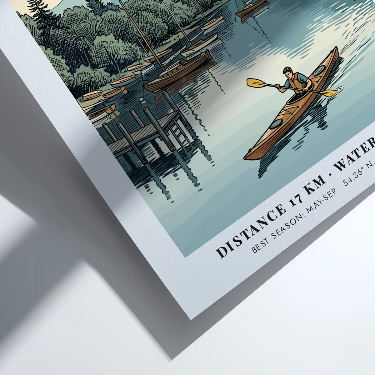 Poster of a kayaker on Windermere lake with sailboats and mountains in the background