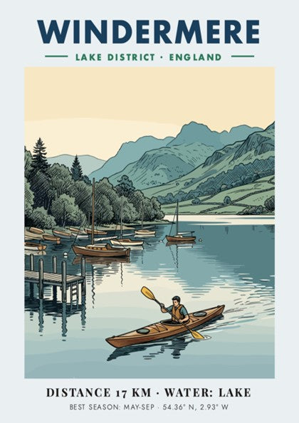Poster of a kayaker on Windermere lake with sailboats and mountains in the background