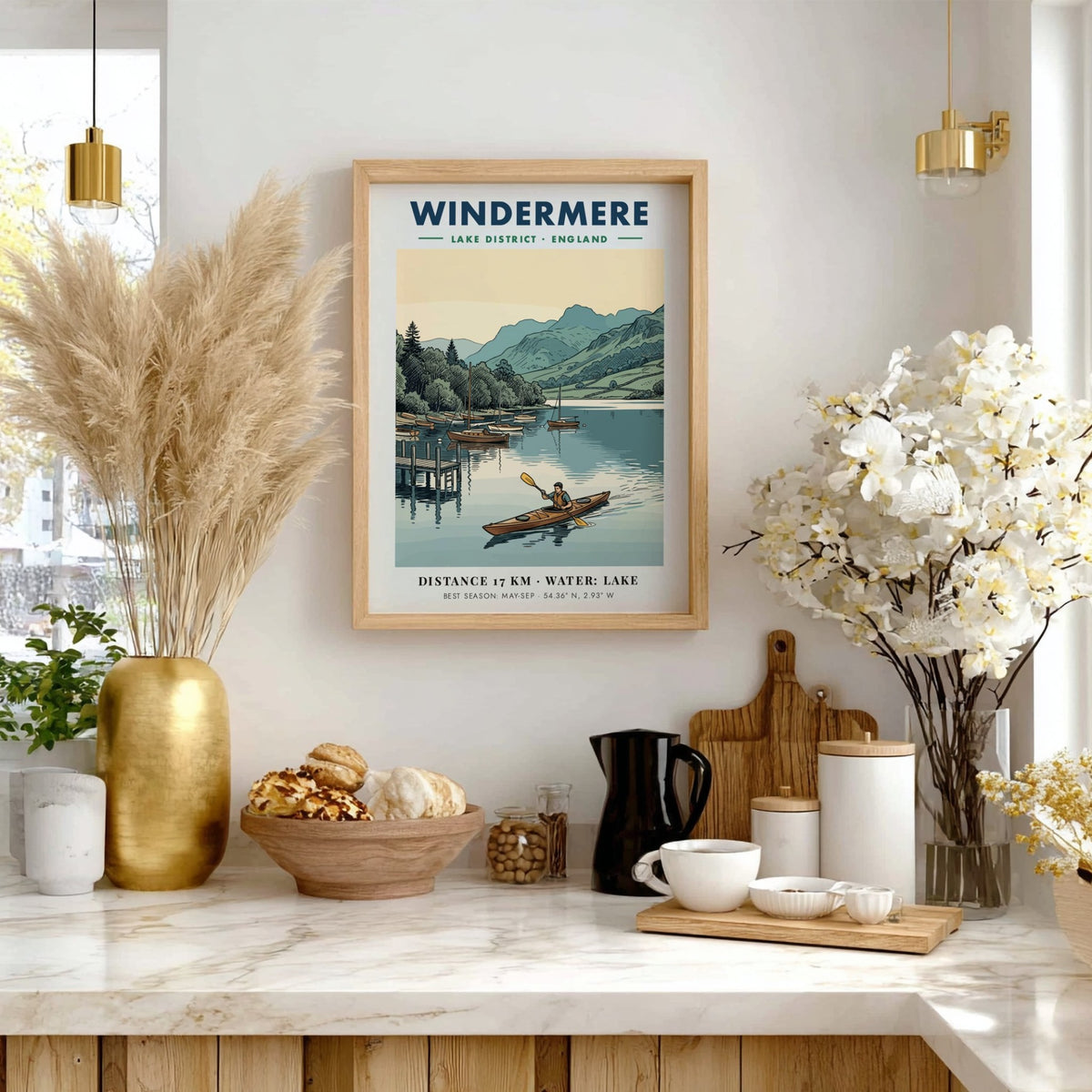 Poster of a kayaker on Windermere lake with sailboats and mountains in the background