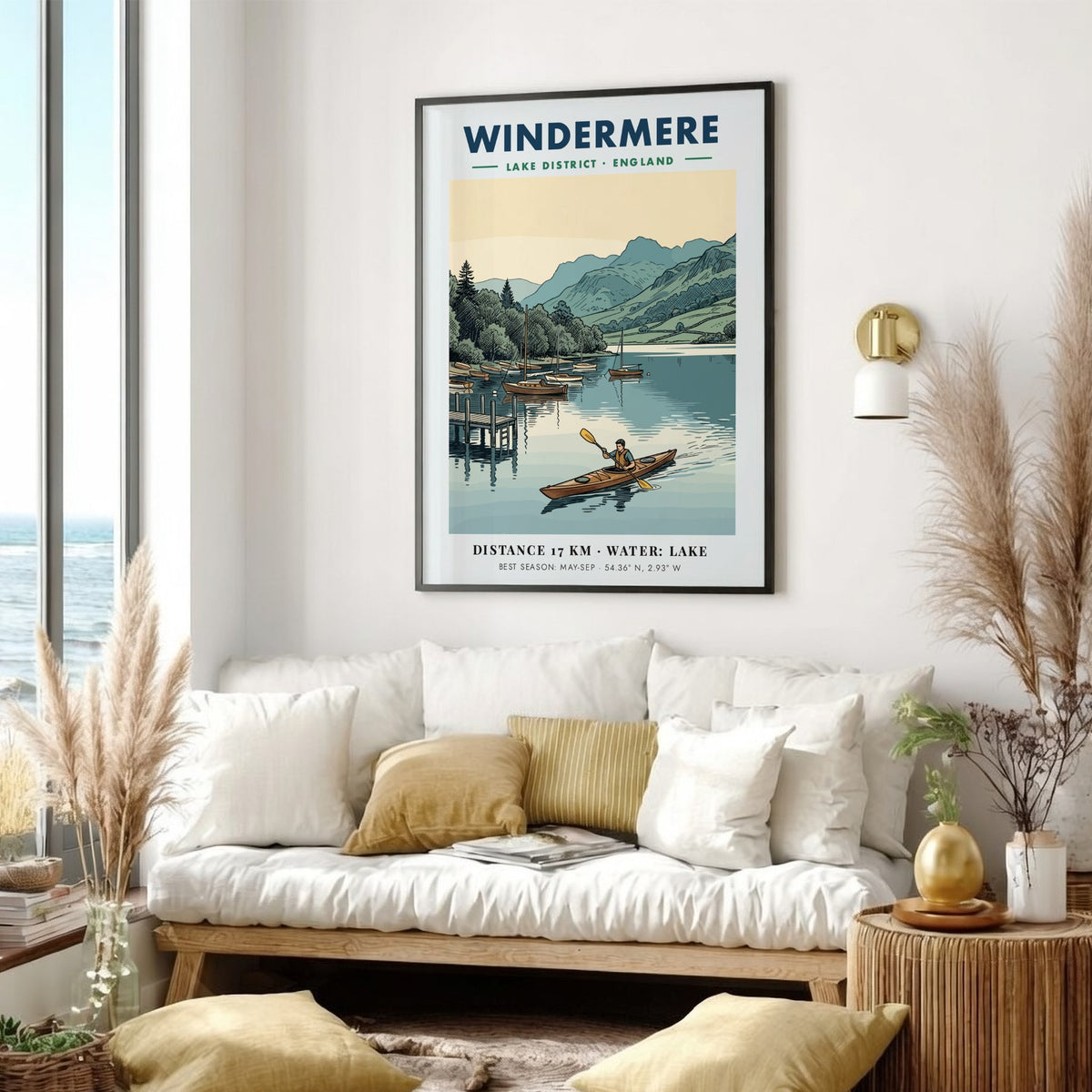 Poster of a kayaker on Windermere lake with sailboats and mountains in the background