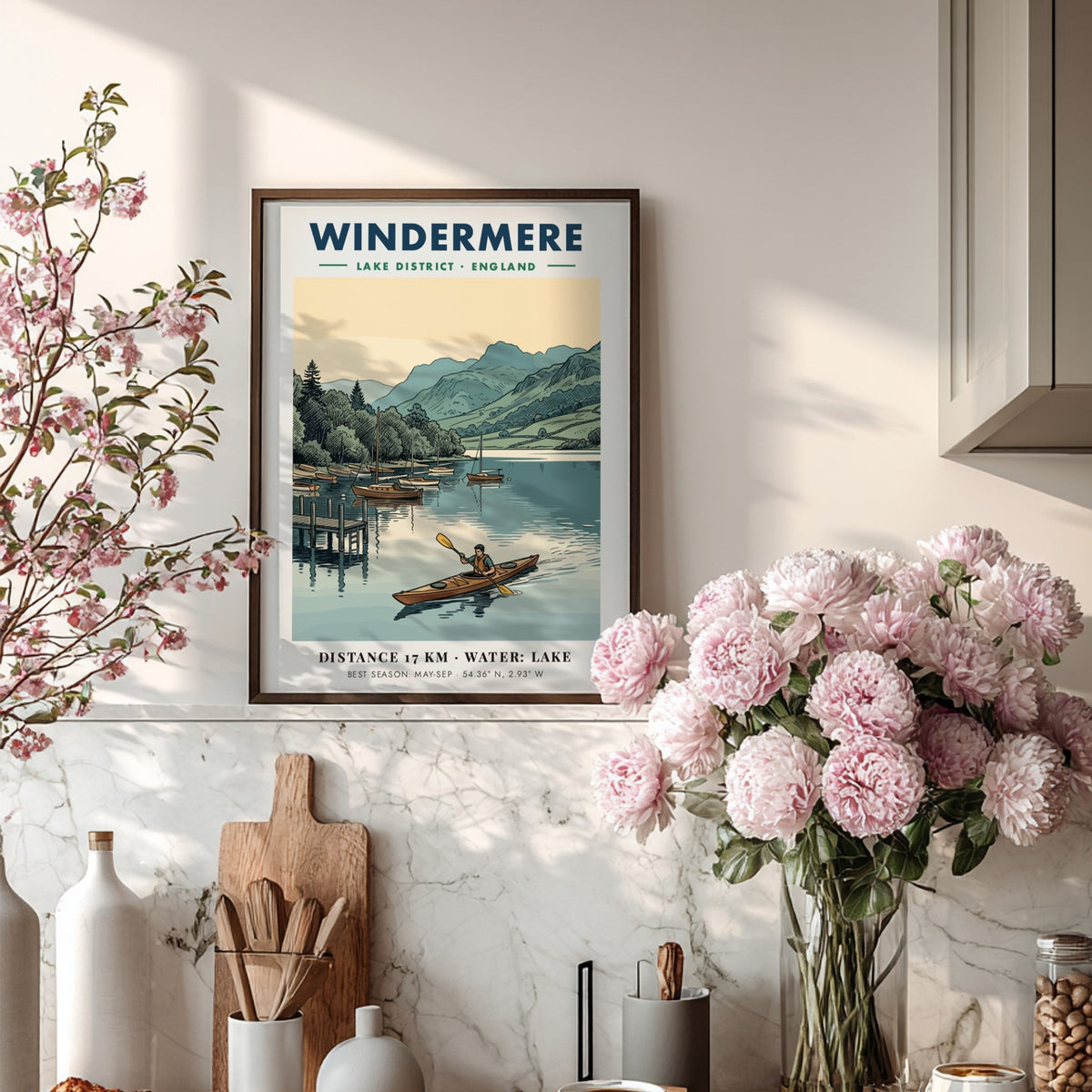 Poster of a kayaker on Windermere lake with sailboats and mountains in the background
