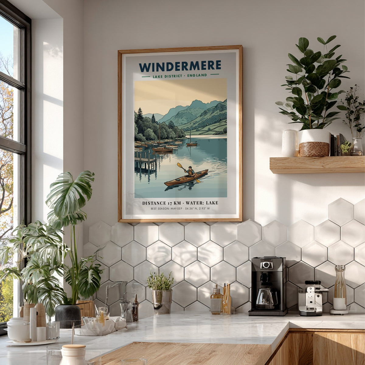 Poster of a kayaker on Windermere lake with sailboats and mountains in the background