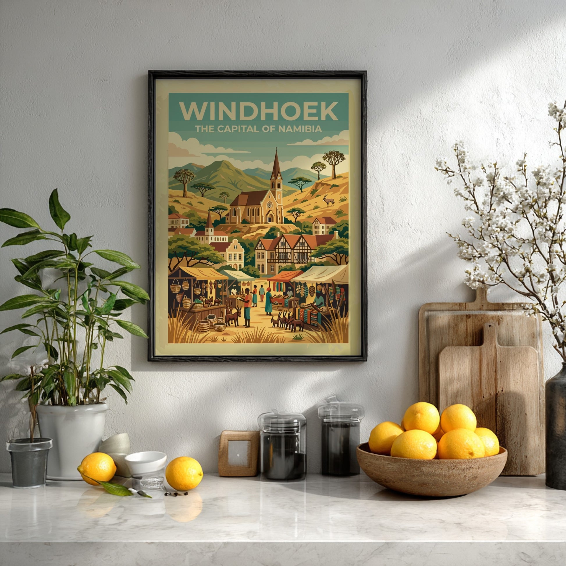 Travel poster of Windhoek Namibia featuring the Christuskirche church amidst desert mountains and markets