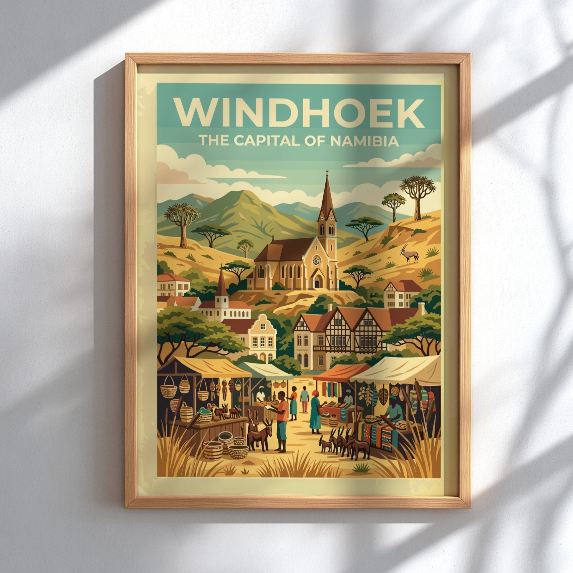 Travel poster of Windhoek Namibia featuring the Christuskirche church amidst desert mountains and markets
