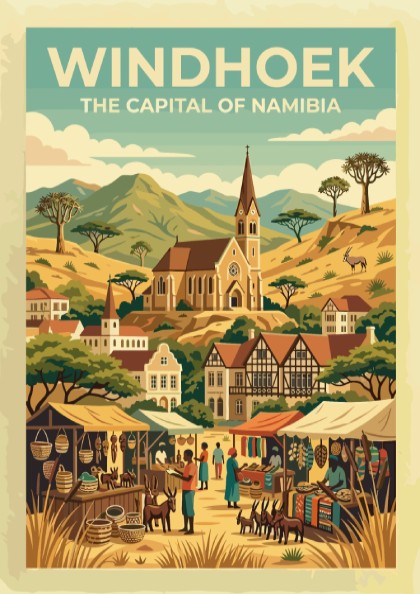 Travel poster of Windhoek Namibia featuring the Christuskirche church amidst desert mountains and markets