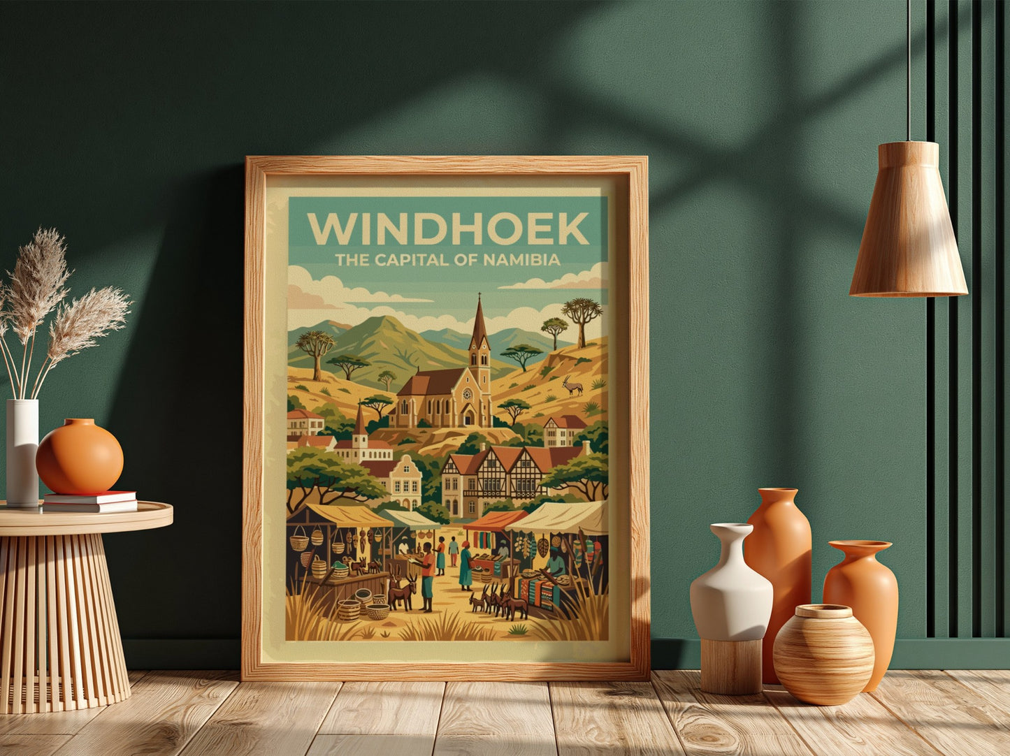Travel poster of Windhoek Namibia featuring the Christuskirche church amidst desert mountains and markets