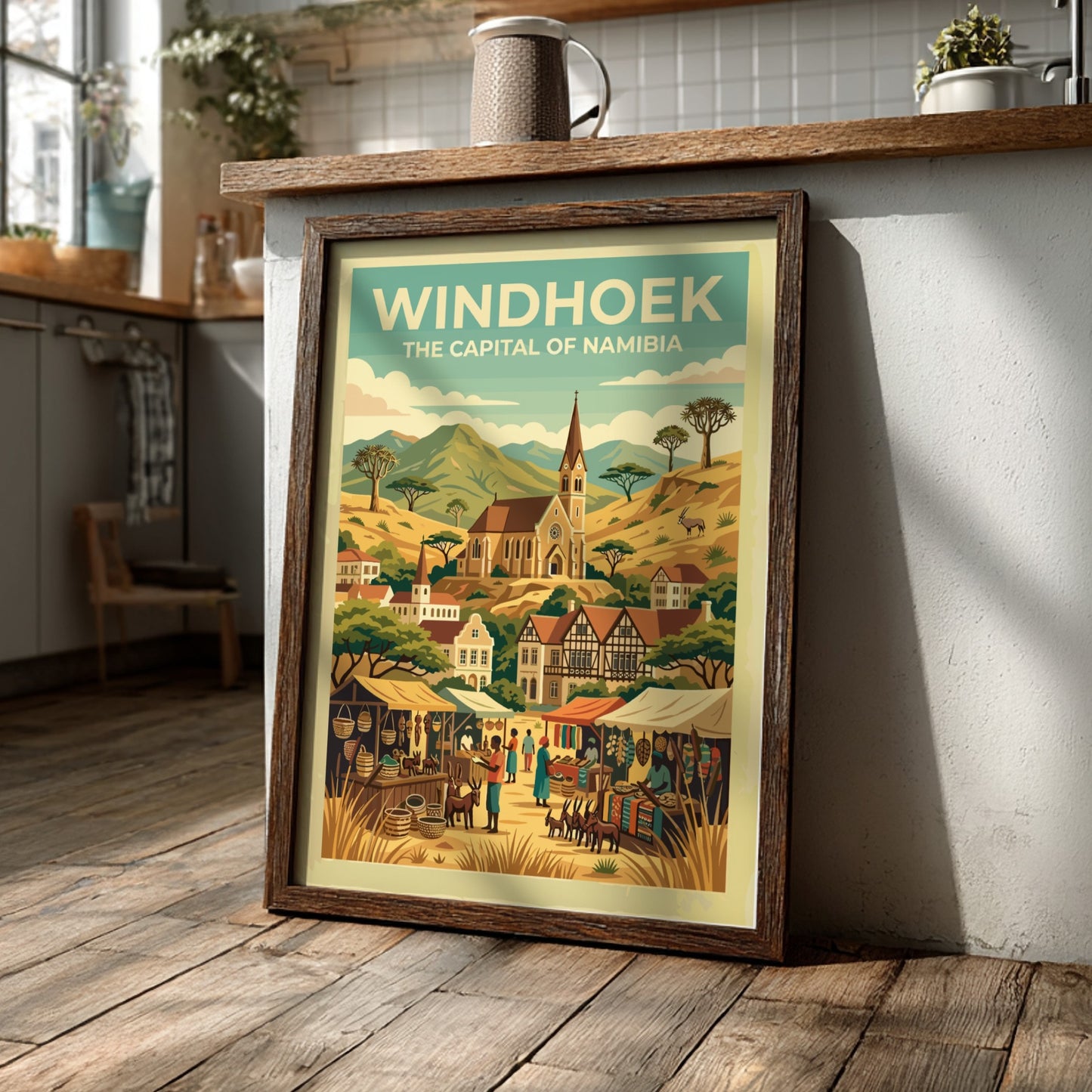 Travel poster of Windhoek Namibia featuring the Christuskirche church amidst desert mountains and markets