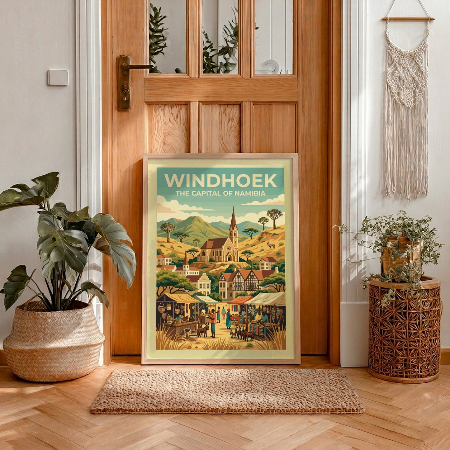 Travel poster of Windhoek Namibia featuring the Christuskirche church amidst desert mountains and markets