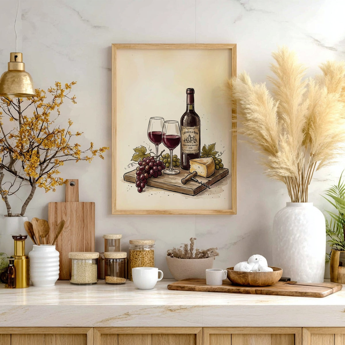 Poster featuring a bottle of Chateau de la Roche wine with cheese and grapes
