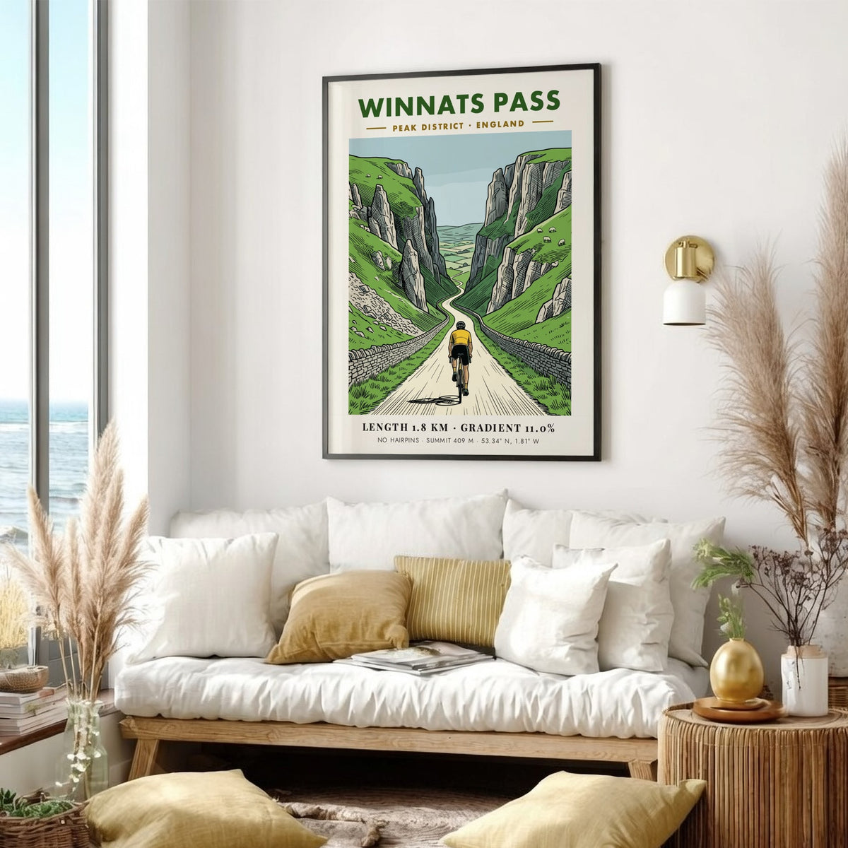 Poster of a cyclist climbing the steep winding road through Winnats Pass cliffs