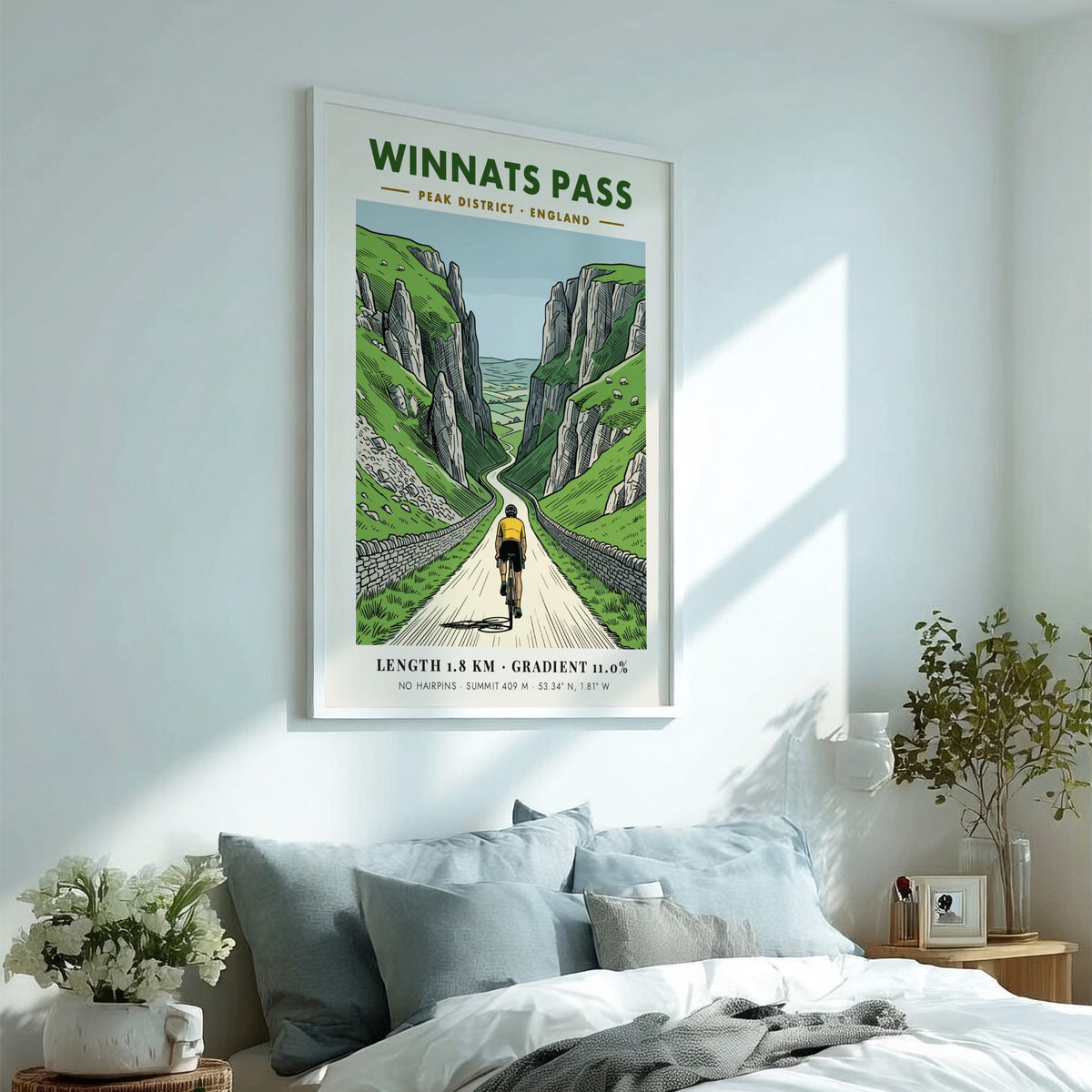 Poster of a cyclist climbing the steep winding road through Winnats Pass cliffs