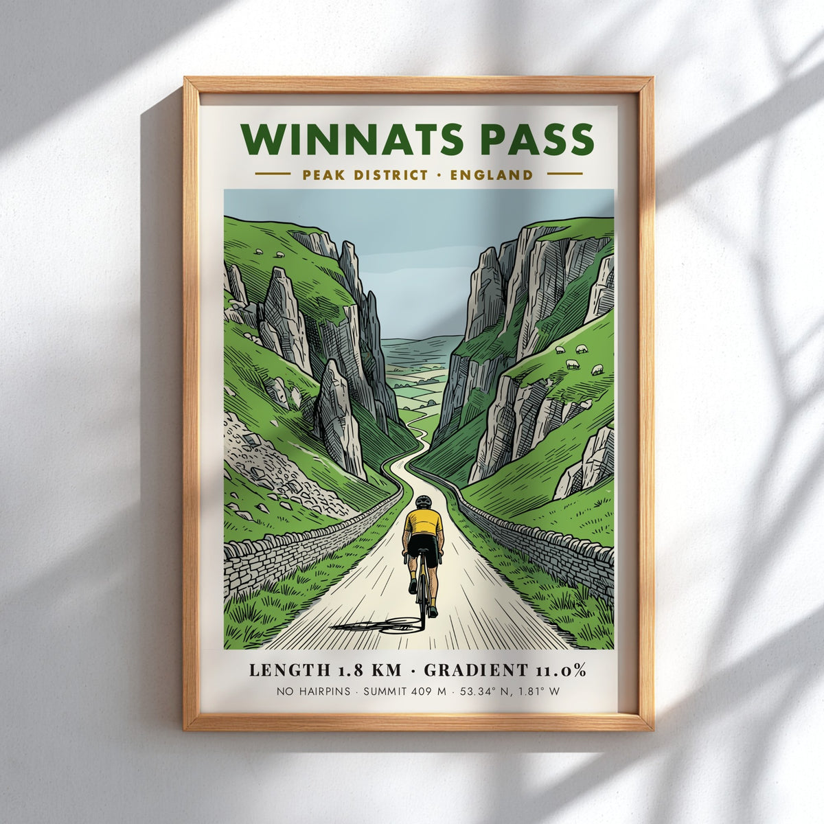 Poster of a cyclist climbing the steep winding road through Winnats Pass cliffs