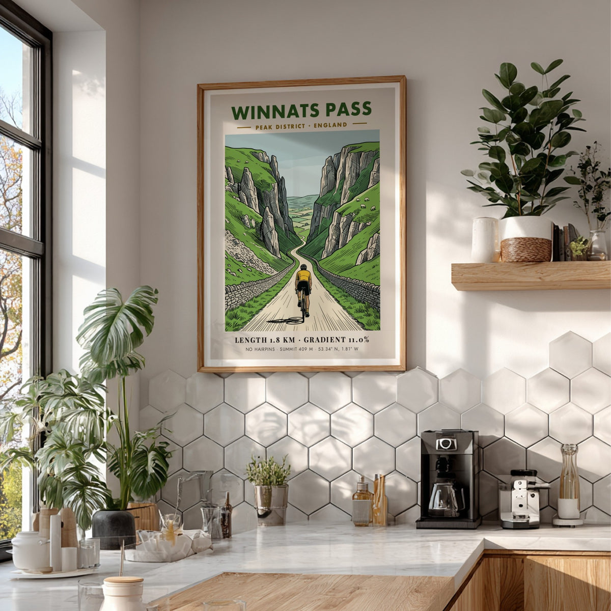 Poster of a cyclist climbing the steep winding road through Winnats Pass cliffs
