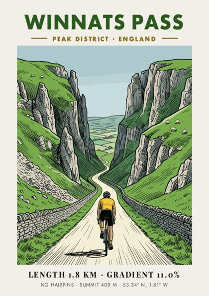 Poster of a cyclist climbing the steep winding road through Winnats Pass cliffs