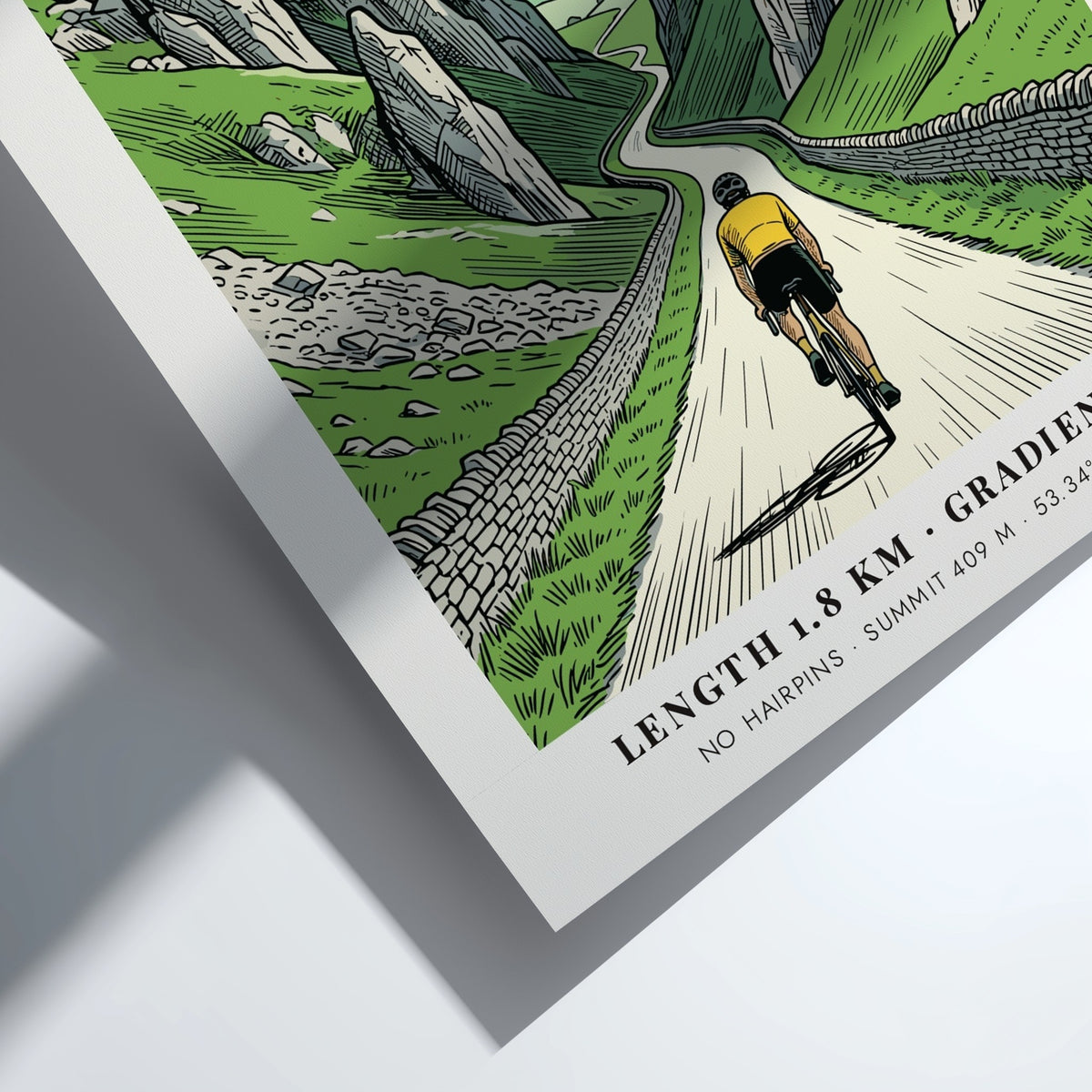 Poster of a cyclist climbing the steep winding road through Winnats Pass cliffs