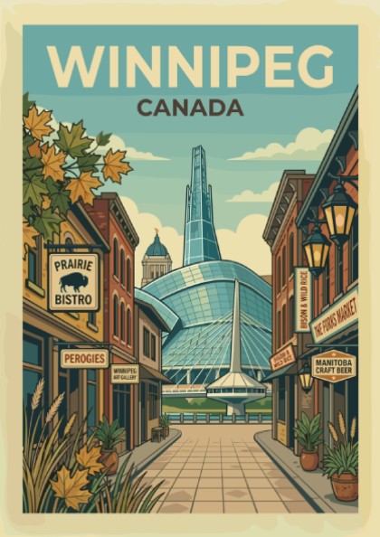 Retro Winnipeg travel poster featuring Canadian cityscape and landmarks in a vintage illustration style.