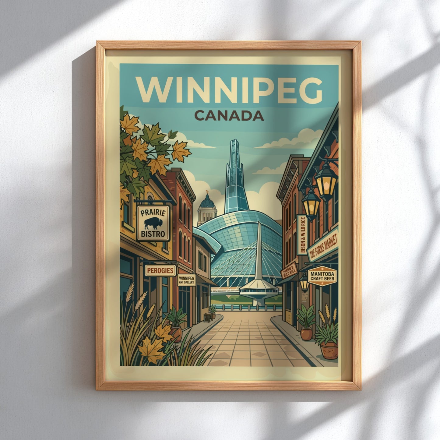 Retro Winnipeg travel poster featuring Canadian cityscape and landmarks in a vintage illustration style.