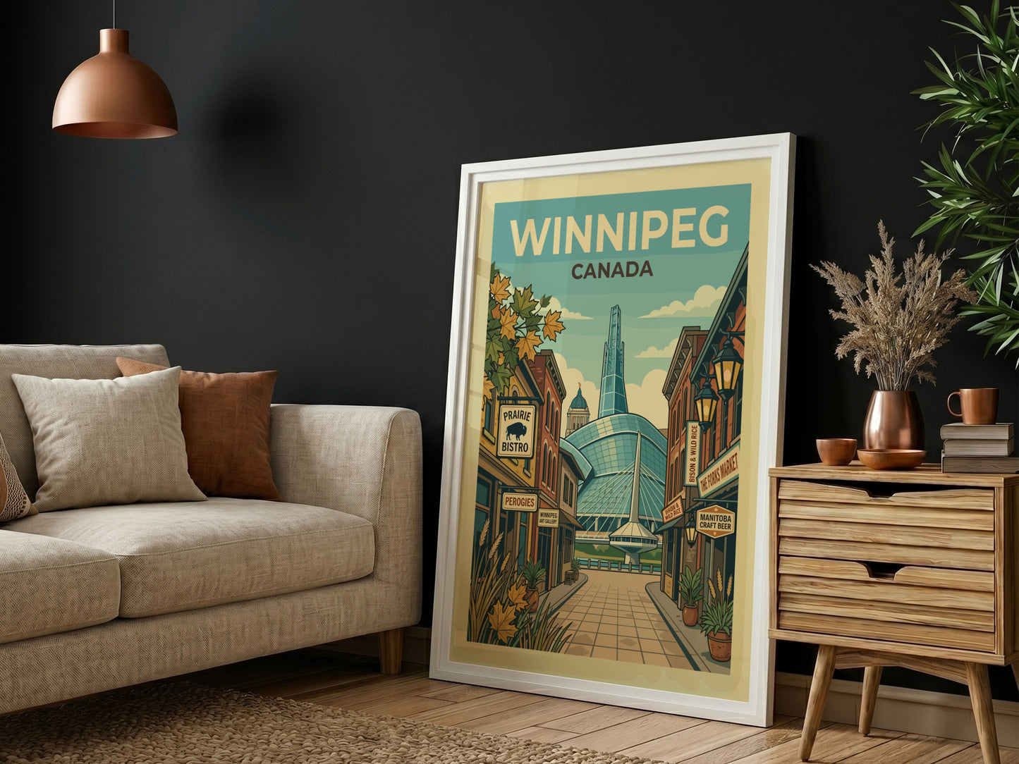 Retro Winnipeg travel poster featuring Canadian cityscape and landmarks in a vintage illustration style.
