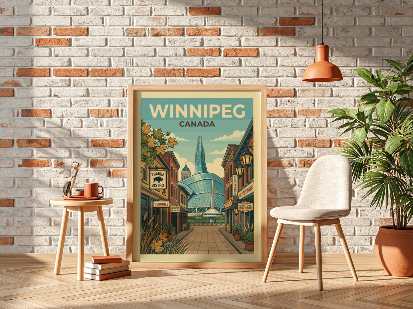 Retro Winnipeg travel poster featuring Canadian cityscape and landmarks in a vintage illustration style.