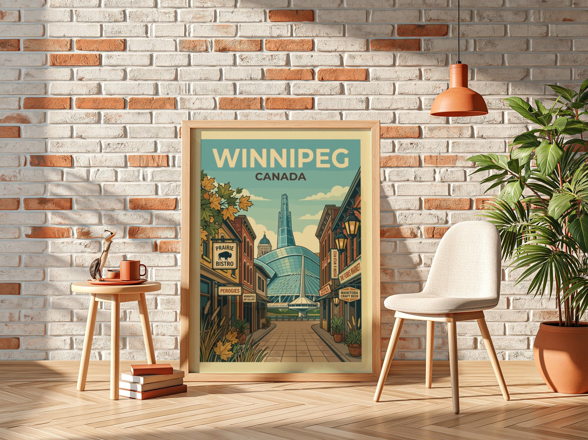 Retro Winnipeg travel poster featuring Canadian cityscape and landmarks in a vintage illustration style.