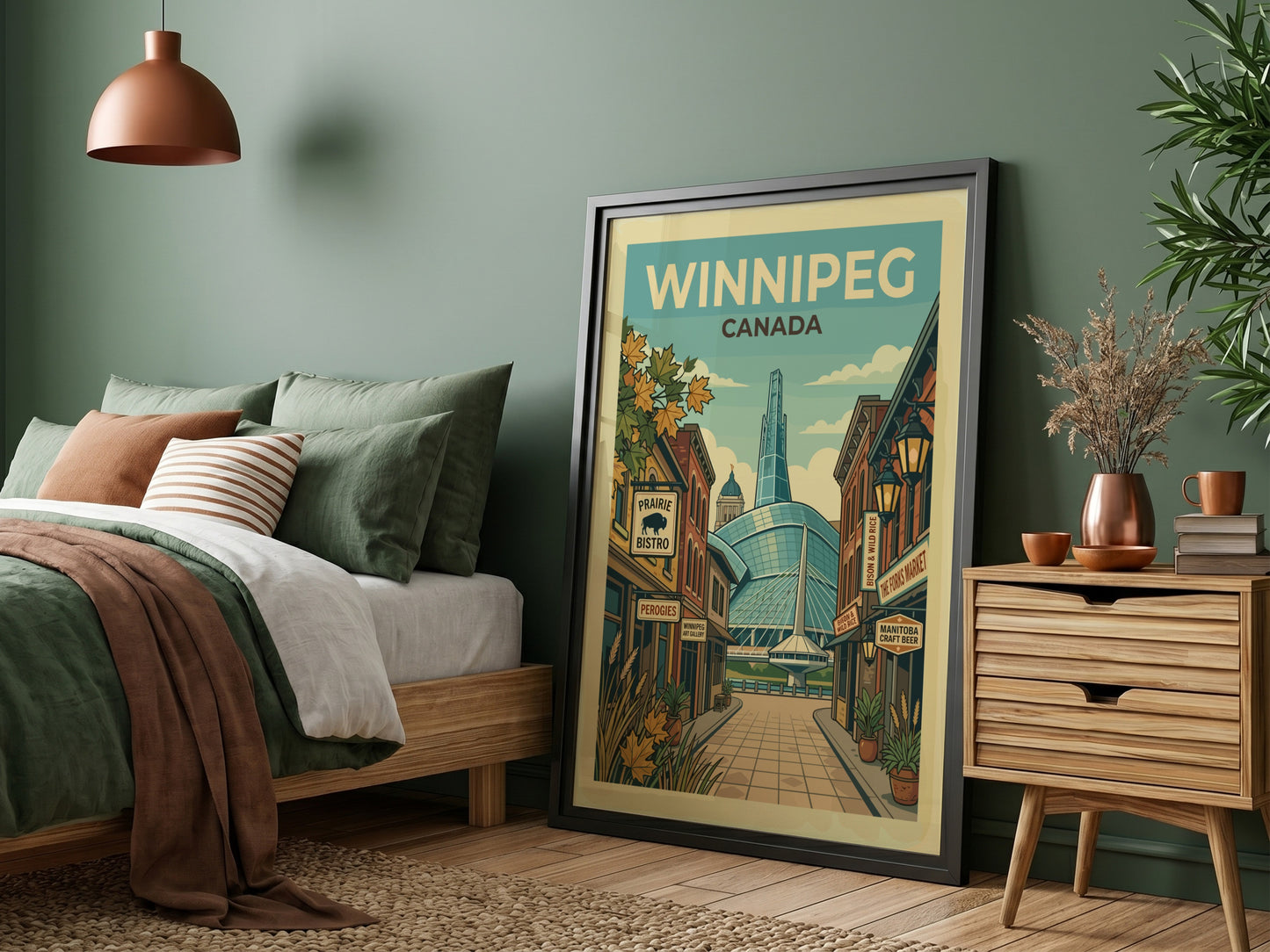 Retro Winnipeg travel poster featuring Canadian cityscape and landmarks in a vintage illustration style.