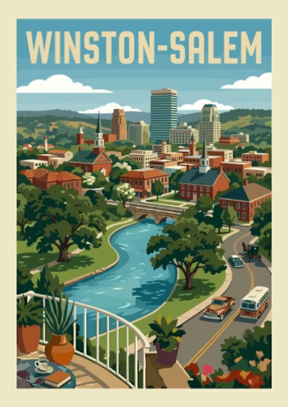 Winston-Salem cityscape illustration poster with buildings, river, and vintage cars, in a retro travel art