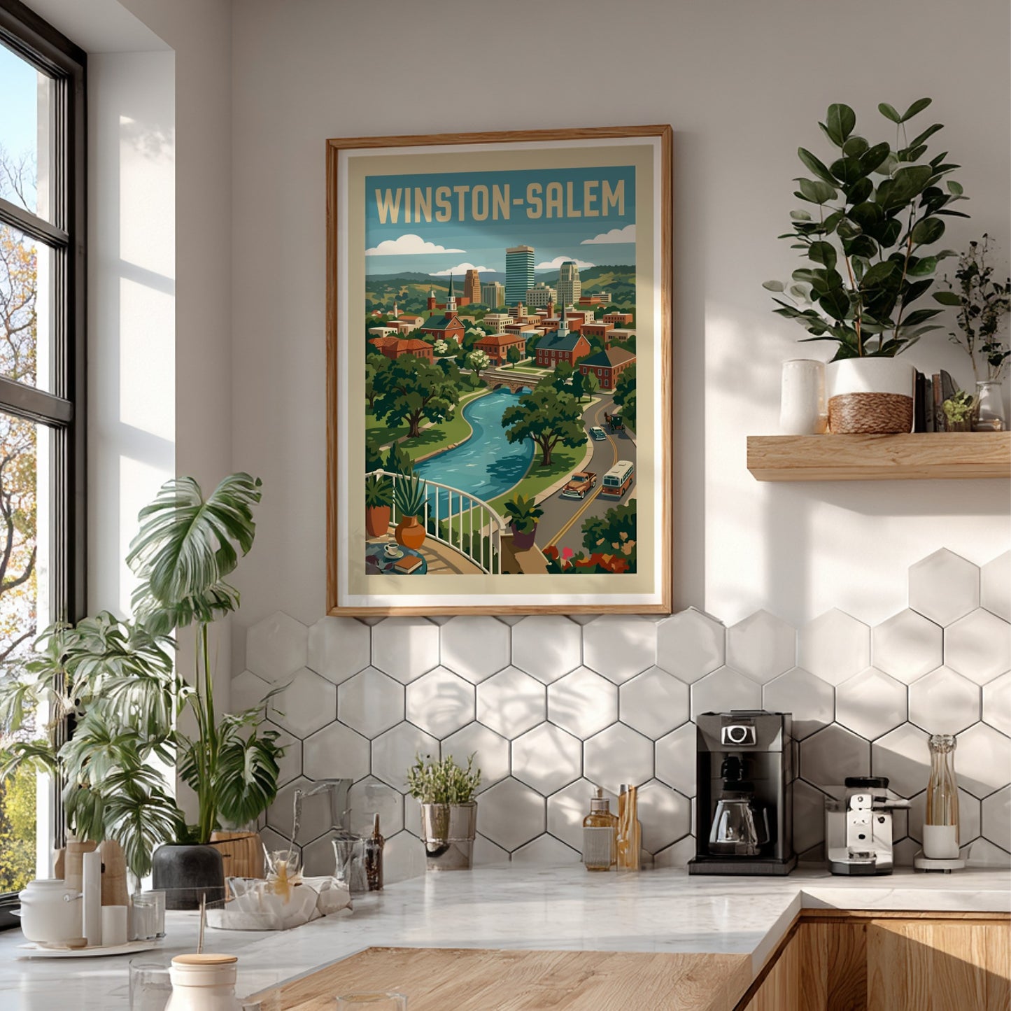 Winston-Salem cityscape illustration poster with buildings, river, and vintage cars, in a retro travel art