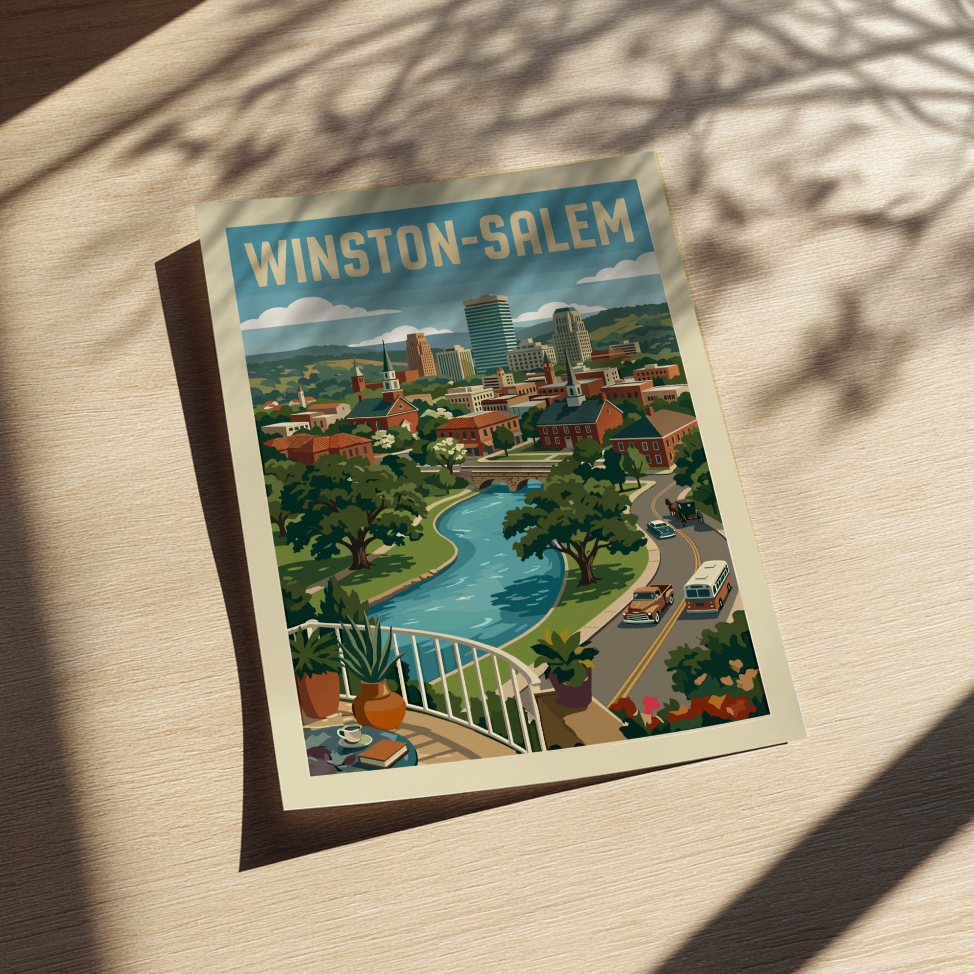 Winston-Salem cityscape illustration poster with buildings, river, and vintage cars, in a retro travel art