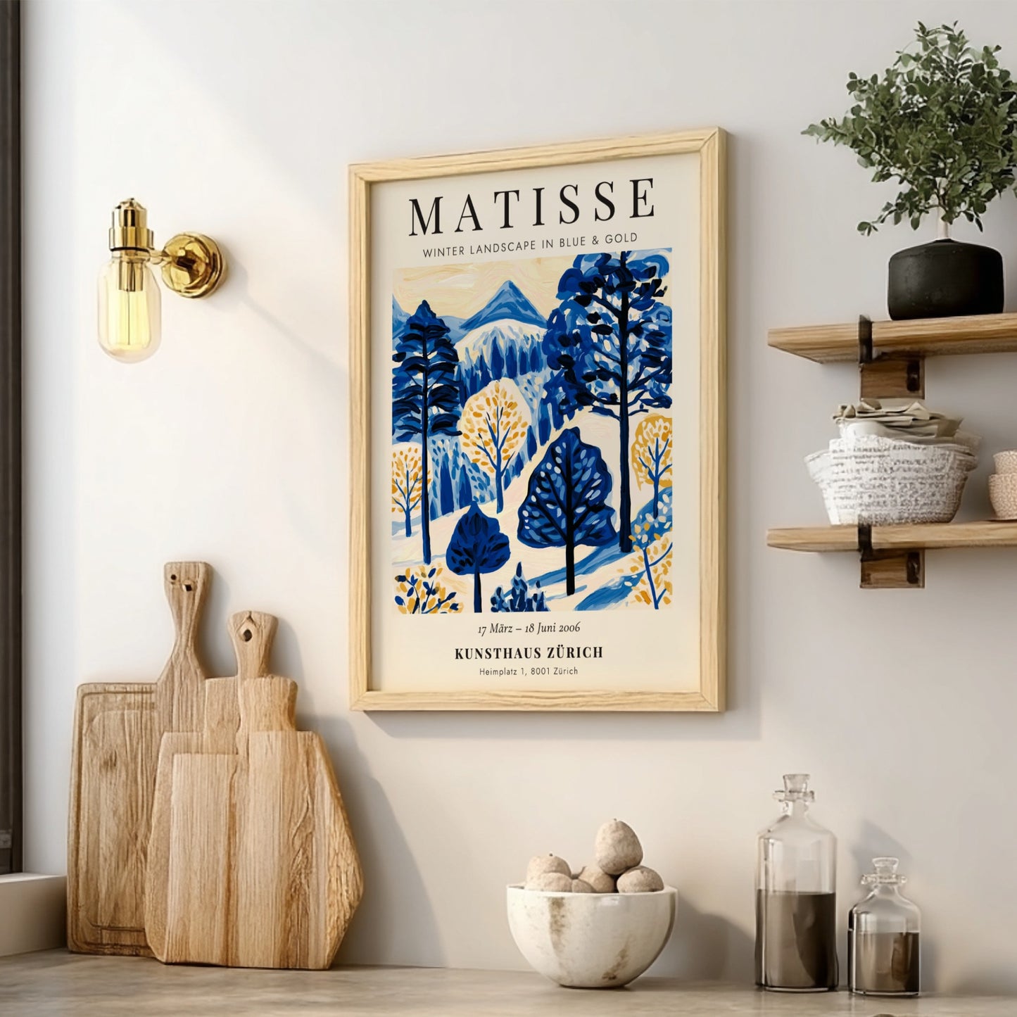 Winter landscape poster featuring Matisse's blue and gold colors, perfect for home decor and wall art.