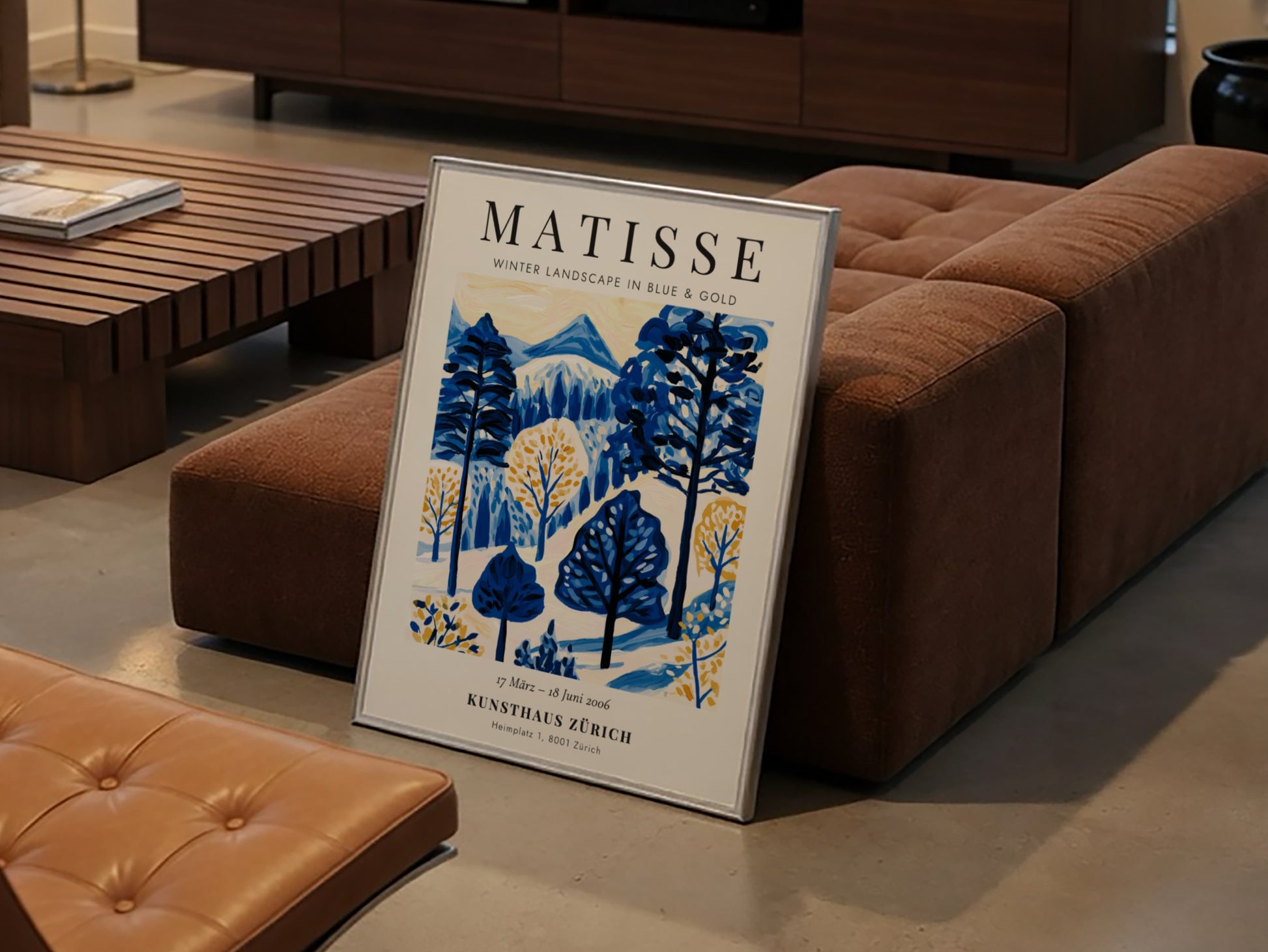 Winter landscape poster featuring Matisse's blue and gold colors, perfect for home decor and wall art.