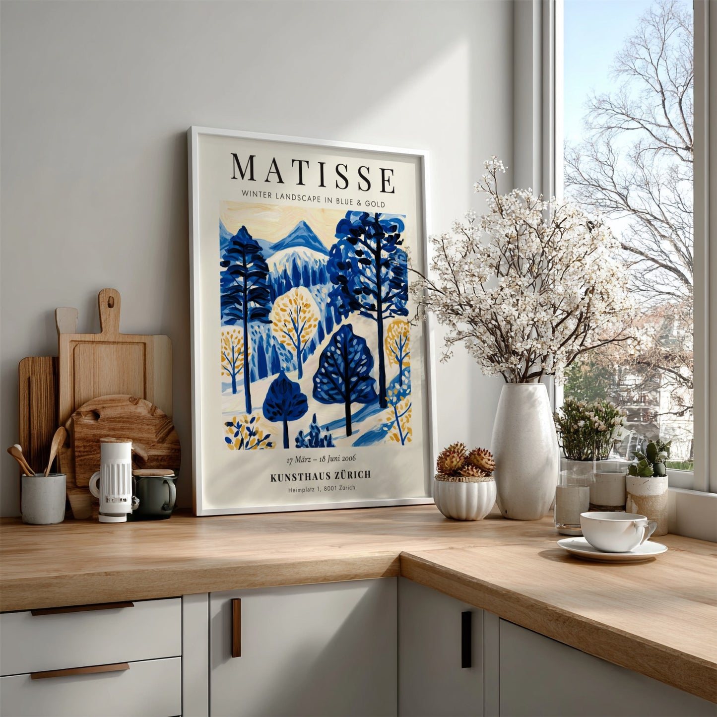 Winter landscape poster featuring Matisse's blue and gold colors, perfect for home decor and wall art.